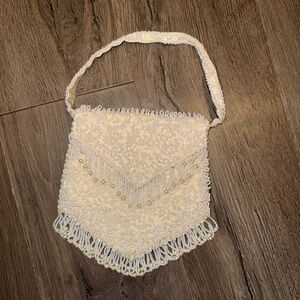 Vintage MCM  50's 60's White Beaded Purse Fringe Dress Clutch Hong Kong